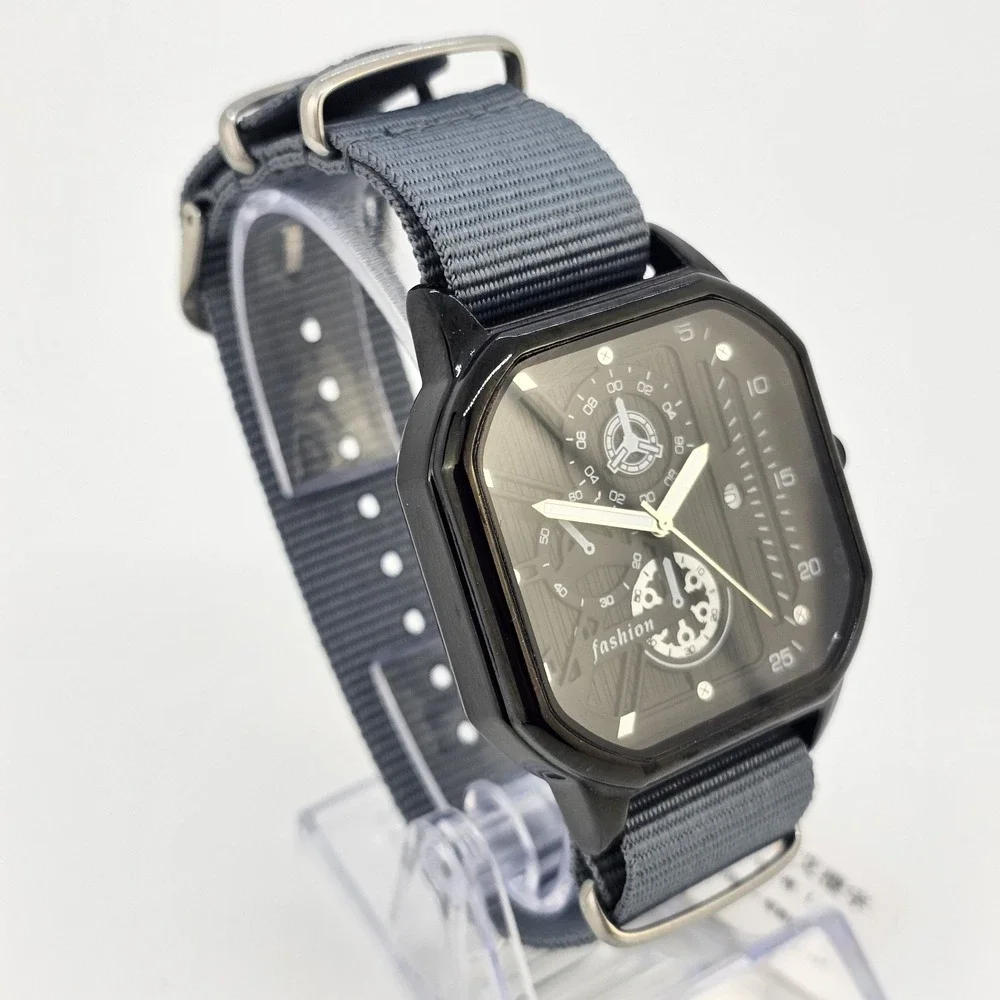 Men's 42MM Watch Black‎ Dial Date Indicator Gray Canvas Band New Battery